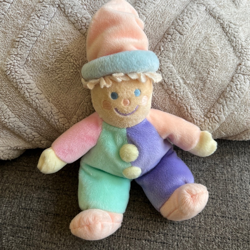 Vintage Gymboree Pastel Clown Plush Bean Bag Doll Color Block 10 Inch Toy